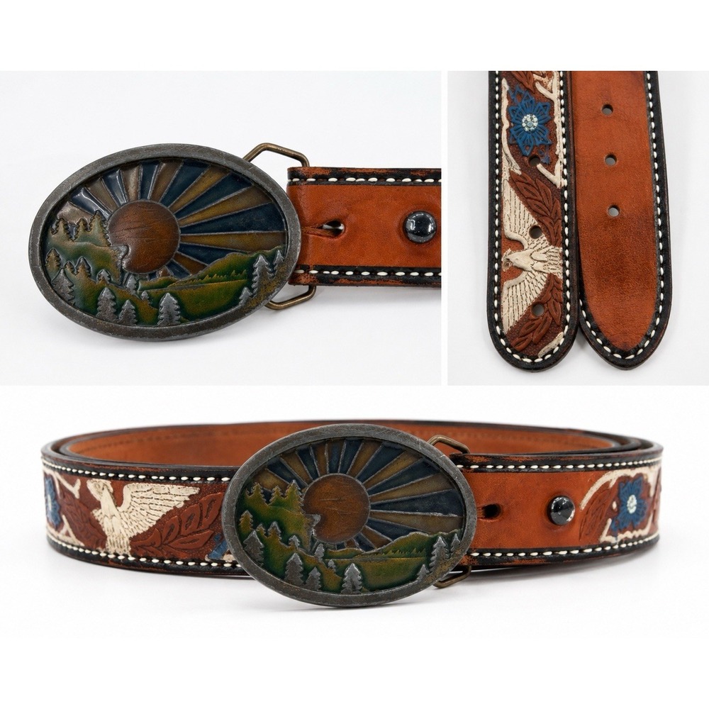Vintage 1977 Indiana Metal Craft Eagle Leather Belt Brass Enamel Sz 38